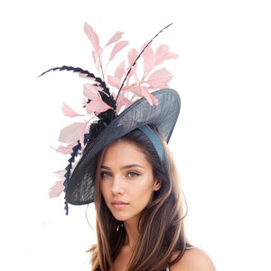 Navy Blue Baby Blush Candy Pink Fascinator Hat Headband Kentucky Ascot Derby Headband Wedding Tea Party Statement Floral Rose Woman Headwear