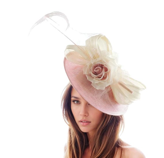 Kentucky Derby Hat Blush Pink Cream Rose Flower Feather  display picture 2