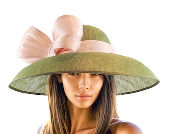 Baby Pale Blush Pink Olive Green Derby Hats Royal Ascot Church Ladies Race Day Tea Garden Party Wide Brim Wedding Formal Woman Bow Headwear