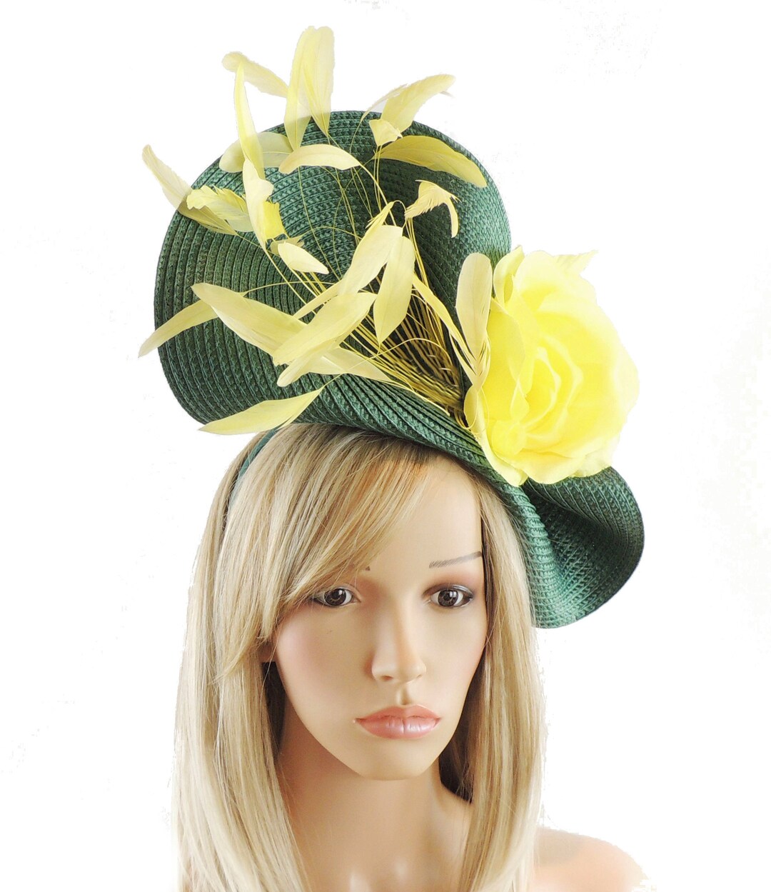 Forest Dark Green Yellow Statement Fascinator Hatinator Hat Kentucky