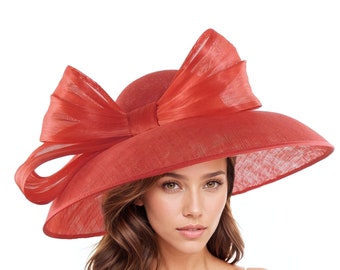 Scarlet Red Elegant Kentucky Derby Hats Ascot Church Race Day Tea Garden Party Wide Brim Wedding Formal Occasion Woman Bow