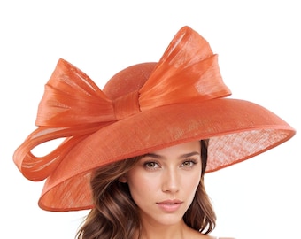 Burnt Orange Terracota Amber Kentucky Derby Hat Ascot Church Tea Garden Party Wide Brim Wedding Formal Occasion Woman Bow