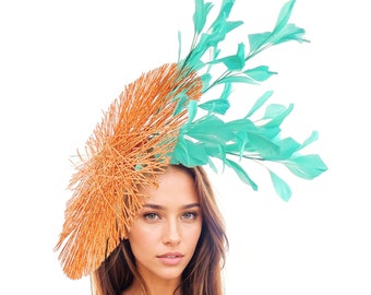 Orange Kentucky Derby Hat, Orange Ascot Hat,Green Tea Party Hat,Jade Green Formal Occasion Hat,Orange Saucer Hat,Fascinator Headband Wedding