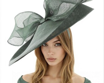 Dark Green Forest Statement Kentucky Derby Fascinator Bow Hat Womens Ascot Headwear Hatinator Occasion Headpiece Cocktail Wide Brim Platter