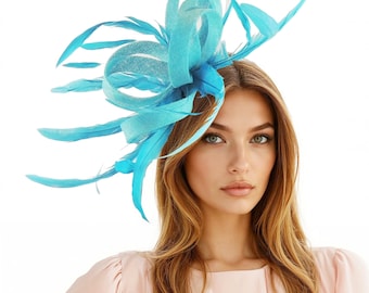 Aqua Turquoise Feather Fascinator Hatinator: Kentucky Derby, Ascot, Weddings, Parties