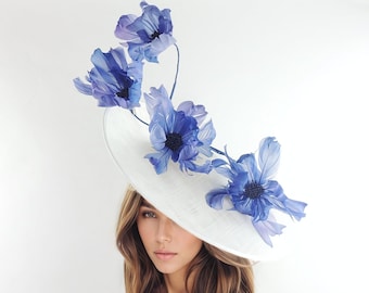 White Royal Blue Womens Kentucky Derby Fascinator Hat Ascot Saucer Hatinator Elegant Garden Tea Party Wedding Cocktail Statement Headpiece