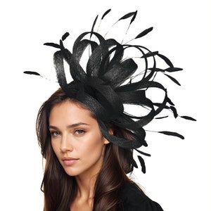 Large Black Feather Statement Fascinator Hatinator Hat Kentucky Derby Oaks Ladies Day Royal Ascot Weddings Headpiece Church Races Tea Hat Black