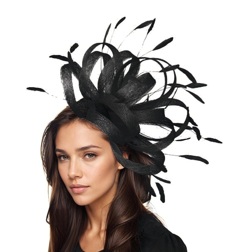 Large Black Feather Statement Fascinator Hatinator Hat Kentucky Derby Oaks Ladies Day Royal Ascot Weddings Headpiece Church Races Tea Hat Black