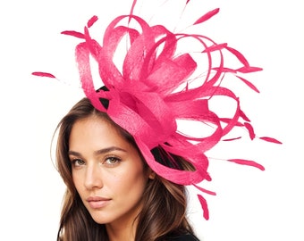 Large Fuchsia Feather Statement Fascinator Hatinator Hat Kentucky Derby Oaks Ladies Ascot Weddings Cocktail Parties Headpiece Church Races