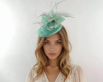 MInt Sage Green Kentucky Derby Fascinator Hat Wedding Tea Party Ascot Cocktail Headpiece Race Formal Percher Dusty Dusky Light