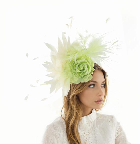 Lime Green Cream Feather Kentucky Derby Fascinator Hat 
