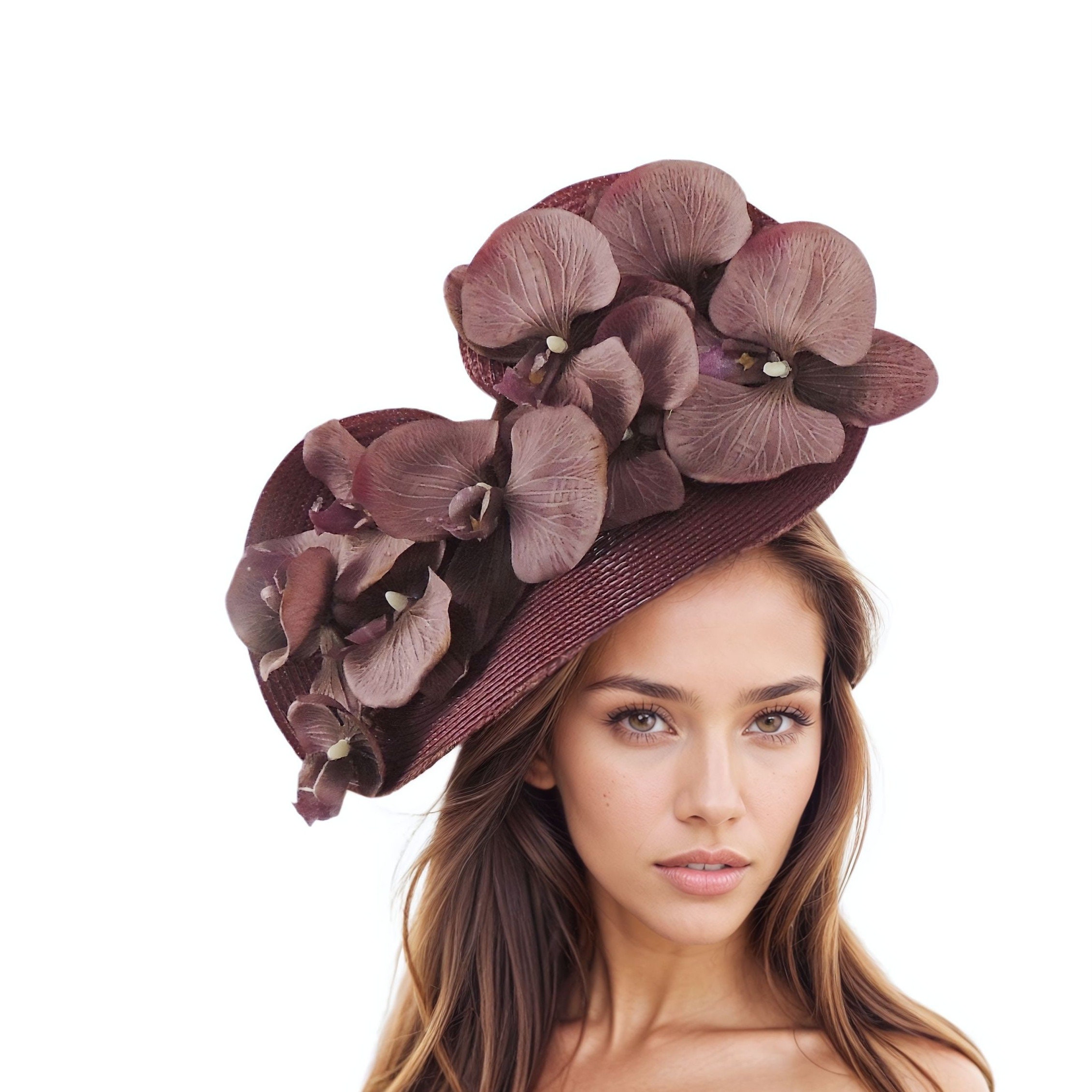 Kentucky Derby Hat Elegant Statement Headpiece Races Burgundy Floral Fascinator Burgundy Lilac Feather Fascinator Headband Ladies Kentucky  main image 3