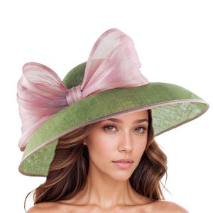 Olive Green Dusty Blush Pink Kentucky Derby Hat Ascot Lunch Church Woman Tea Garden Party Wide Brim Wedding Bow Headwear Elegant Fancy Dark