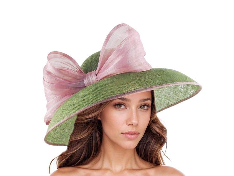 Olive Green Dusty Blush Pink Kentucky Derby Hat Ascot Lunch Church Woman Tea Garden Party Wide Brim Wedding Bow Headwear Elegant Fancy Dark