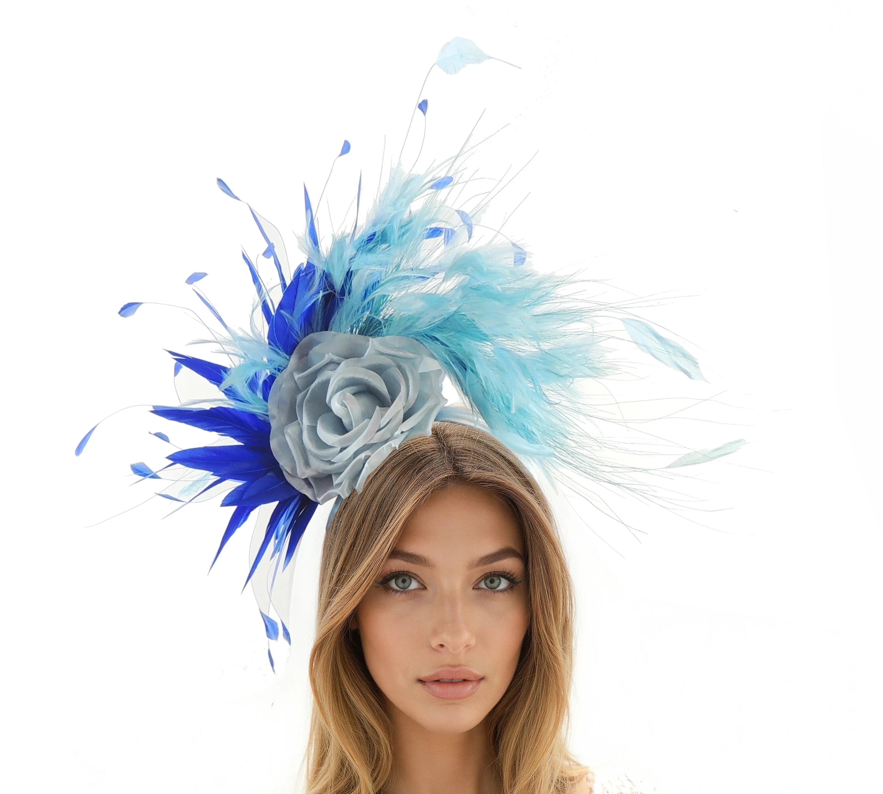 Baby Royal Blue Turquoise Feather Kentucky Derby Fascinator Hat Wedding ...