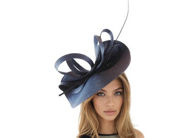 Sombrero Kentucky Derby Oaks azul marino para damas, tocado Royal Ascot, tocado llamativo, tocado para bodas, jardines, cócteles, tocado para iglesias.