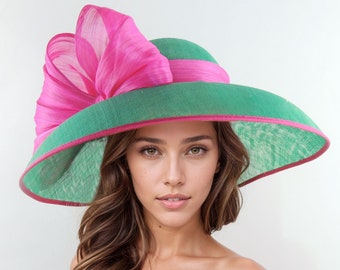 Emerald Kelly Green Hot Pink Fuchsia Pink Kentucky Derby Hat Ascot Church Tea Garden Party Wide Brim Wedding Formal Occasion Woman Bow