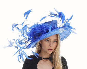 Royal Blue Large Feather Kentucky Derby Hats Royal Ascot Church Ladies Race Day Tea Garden Party Wide Brim Wedding Formal Occasion Woman