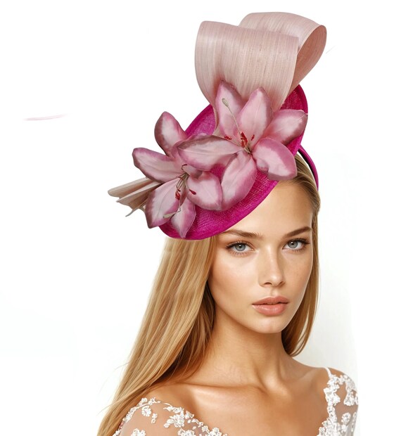 Bright Floral Fascinator Hat with Hot Pink Bow Babies Derby, Tea Party Millinery M23157S ( Hot Pink ) Kentucky Derby hat, Church hat, Wedding  main image 2