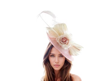 Kentucky Derby Hat Blush Pink Cream Rose Flower Feather  display picture 3