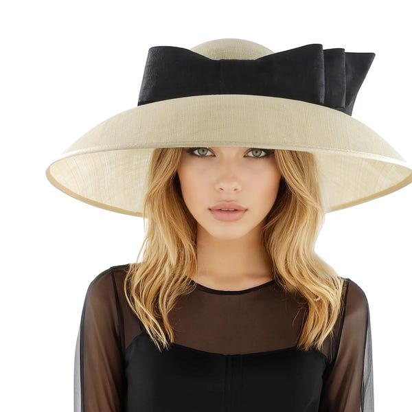 Cream Black Wide Brim Sinamay Hat – Ascot, Races, Weddings,Kentucky Derby, Church, Tea Party