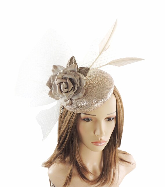 Gold Beige Geneve Sequin Fascinator Hat 