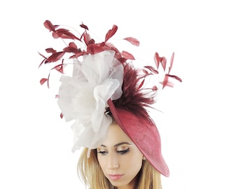 Burgundy Wine Ivory Ladies Ascot Fascinator Headband Womens Kentucky Derby Hats Feather Headpiece Ladies Day Headwear Royal Wedding Feather