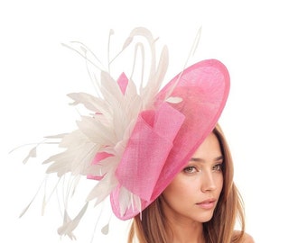 Hot Bright Pink White Statement Hatinator Womens Derby Wedding Kentucky Ascot Fascinator Headband Cocktail Tea Party Luncheon Headwear Hat