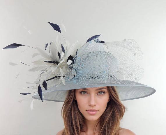 Navy Blue Baby White Large Wide Brim Kentucky Derby Hat  display picture 1