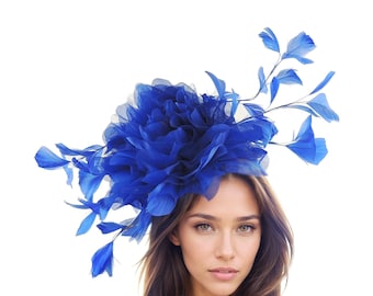 Royal Blue Feather Kentucky Derby Fascinator Hat Wedding Cocktail Garden Party Ascot Formal Occasion Church Races Ladies Day Woman Headwear
