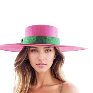 Fuchsia Hot Pink Emerald Kelly Green Statement Bow Fascinator Cartwheel Boater Hat Kentucky Derby Ascot Wedding Races Tea Elegant Classy