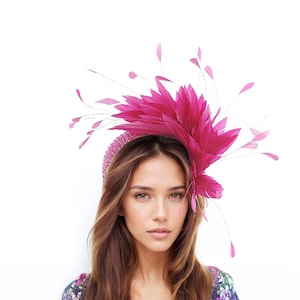 Fuchsia Pink Crystal Feather Kentucky Fascinator Derby Hat Wedding Cocktail Tea Party Ascot Formal Occasion Races Woman Headband