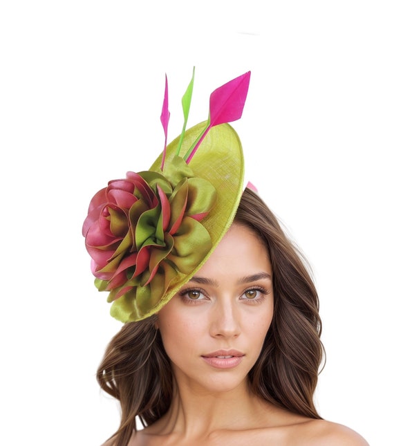 Lime Green Fuchsia Pink Womens Kentucky Derby Fascinator Hat Wedding Sinamay Hats Ladies Ascot Fascinator Headband Feather Headpiece Hats Etsy UK