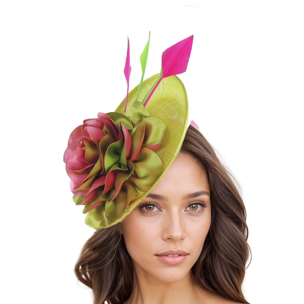 Lime Green Fuchsia Pink Womens Kentucky Derby Fascinator Hat Wedding Sinamay Hats Ladies Ascot Fascinator Headband Feather Headpiece Hats