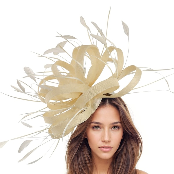 Cream Ivory Ecru Statement Womens Headband Feather Fascinator Hat for Kentucky Derby Ascot Ladies Day High Tea Party Church Lunch Occasion