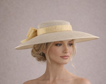 Butter Yellow Kentucky Derby Elegant Hat For Woman Statement Hat Bow Fascinator Hatinator Cartwheel Boater Ascot Weddings Church Races Tea