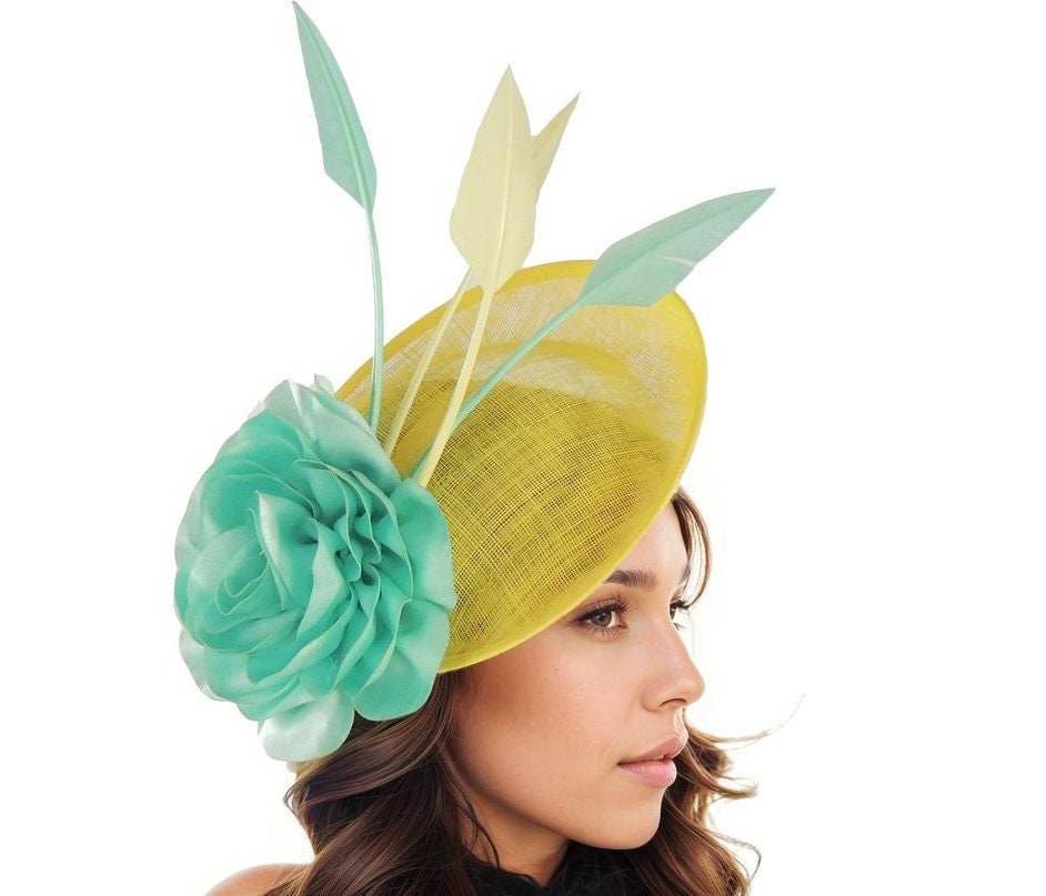 Kentucky Derby Hat Fascinator Sinamay Trendy Lime Bow Headband with Feathers Kentucky Derby Hat Fascinator Yellow Sinamay With Yellow and  main image 4