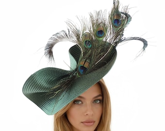 Tocado estilo tocado estilo Derby de Kentucky para mujer, color verde bosque, pavo real, verde azulado, para boda, Royal Ascot, para el día de la mujer