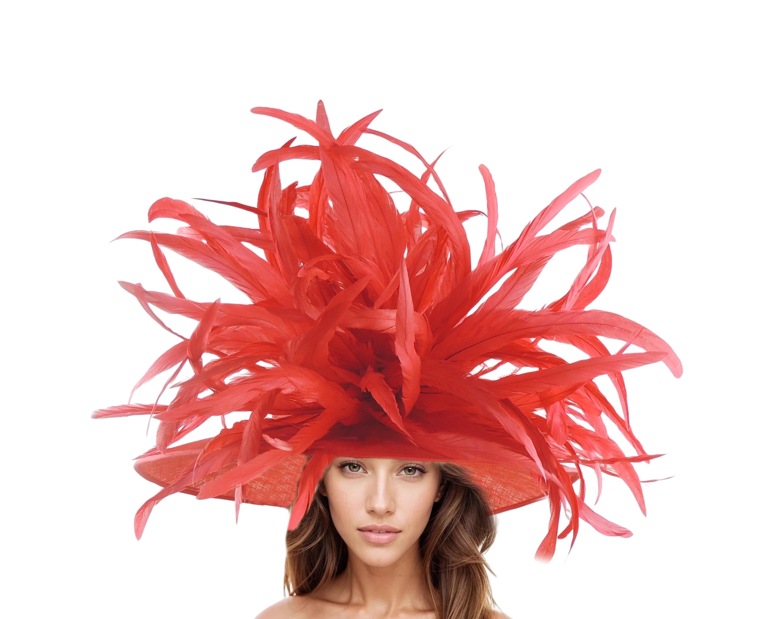 Orange Feather Wide Brim Statement Hat for Kentucky Derby Oaks