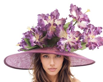 Purple Cream Kentucky Derby Hats Ascot Church Ladies Race Day Tea Garden Party Wide Brim Wedding Formal Occasion Custom Order Woman Floral