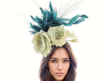 Teal Sage Green Feather Kentucky Derby Fascinator Hat Wedding Cocktail Garden Party Ascot Formal Occasion Races Ladies Day Woman Headwear