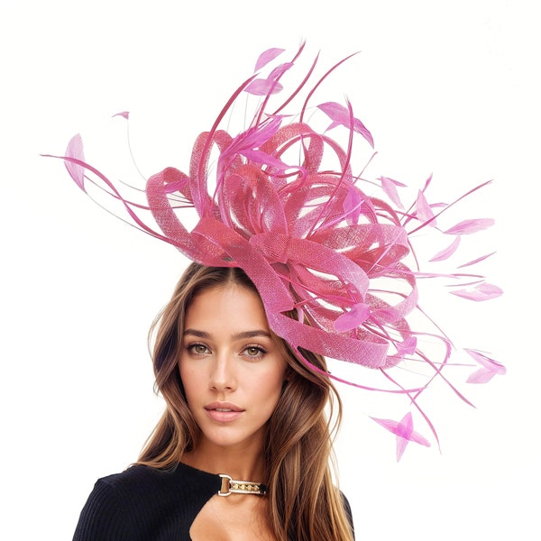 Womens Hot Pink Fuchsia Statement Hatinator Kentucky Derby Fascinator Womens Ascot Headwear Ladies Day Hats Feather Headpiece High Tea Party