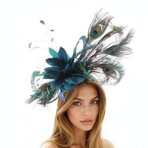 Teal Green Peacock Feather Statement Hatinator Womens Kentucky Derby Hats Wedding Royal Ascot Fascinator Headpiece Church Ladies Headwear