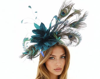 Black Sequin Green Statement Peacock Feather Headpiece  display picture 3