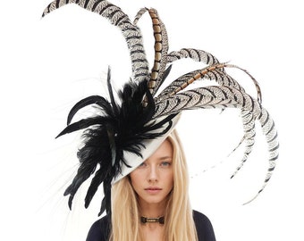 Cream Black Feather Kentucky Derby Fascinator Hat Wedding Cocktail Garden Party Ascot Formal Occasion Races Ladies Day Woman Headwear Hats