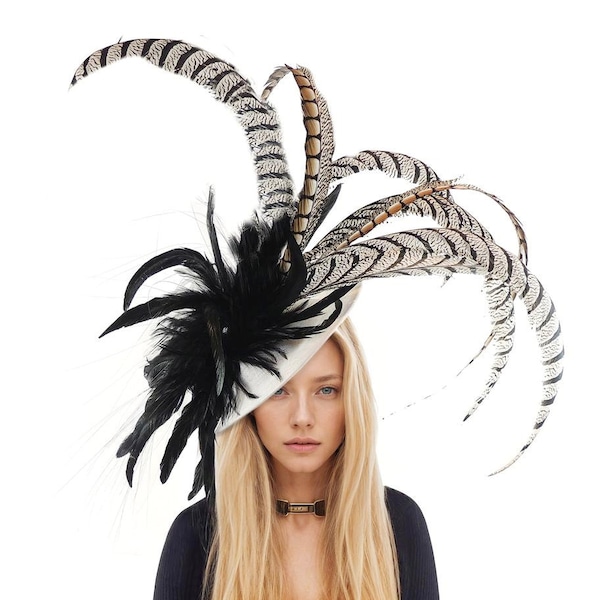 Cream Black Red Large Feather Statement Fascinator Hat Hatinator for Kentucky Derby Ascot Preakness Church Weddings Tea Party Occasion Woman