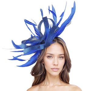 May include: A royal blue fascinator with feathers and ribbon detailing. The headpiece features a structured base with looped ribbon and long, flowing feathers. This elegant accessory is suitable for special occasions.