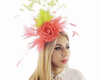 Coral Lime Feather Kentucky Derby Fascinator Hat Wedding Cocktail Garden Party Royal Ascot Formal Occasion Races Ladies Day Woman Headwear