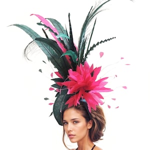 Large Fuchsia Hot Pink Dark Green Statement Hatinator Womens Kentucky Derby Hat Wedding Royal Ascot Fascinator Headpiece Ladies Day Headwear
