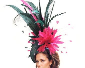 Paris Hot Pink Fascinator Hat | Large Brim Organza Headpiece  display picture 2